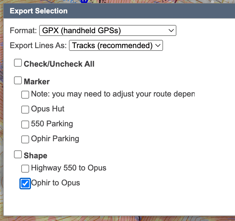CalTopo export dialog with format options
