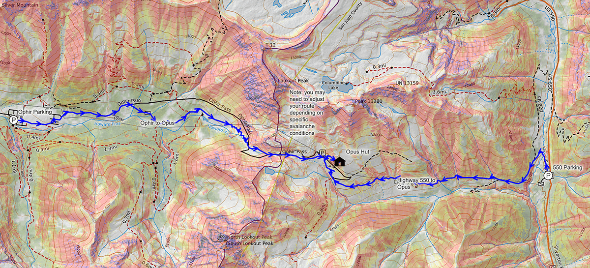 CalTopo map of both winter approach routes to the OPUS Hut
